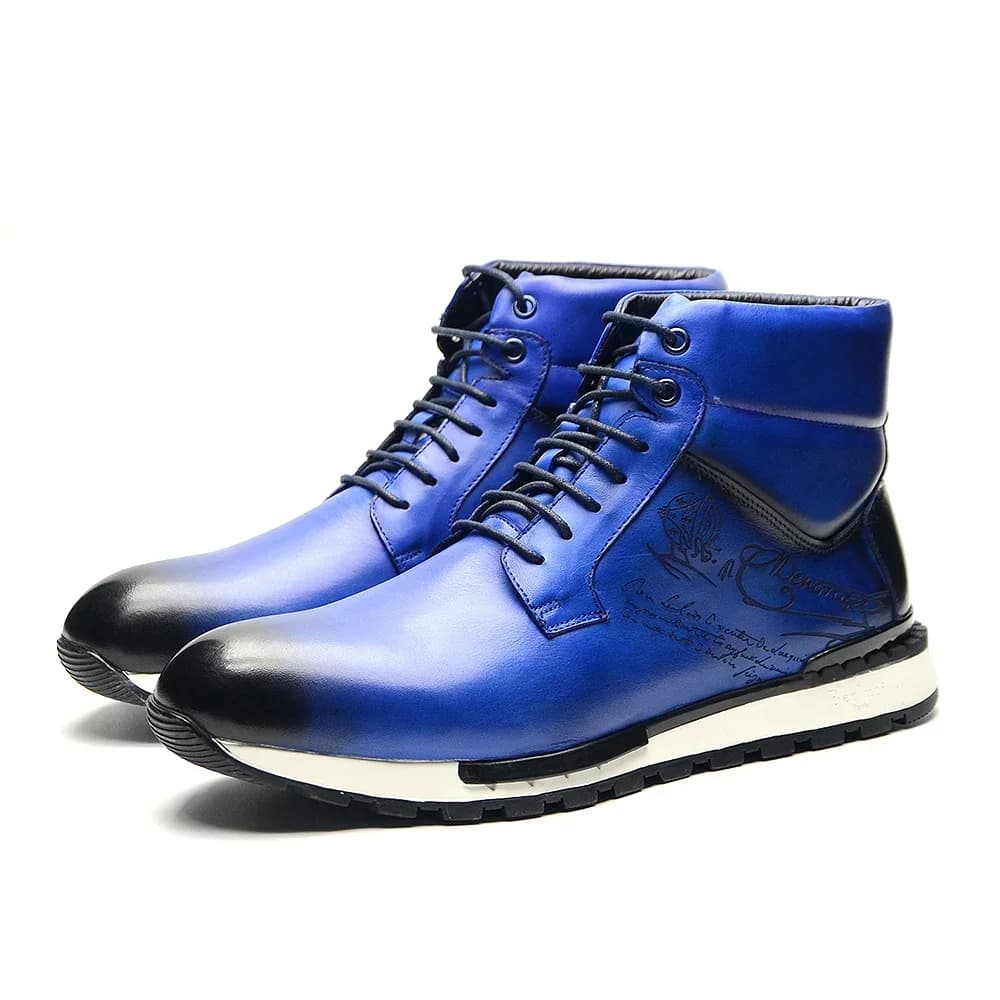 Men's Winter Boots Luxury Leather Vacchetta, High Sneaker with Laces, Casual Street Style