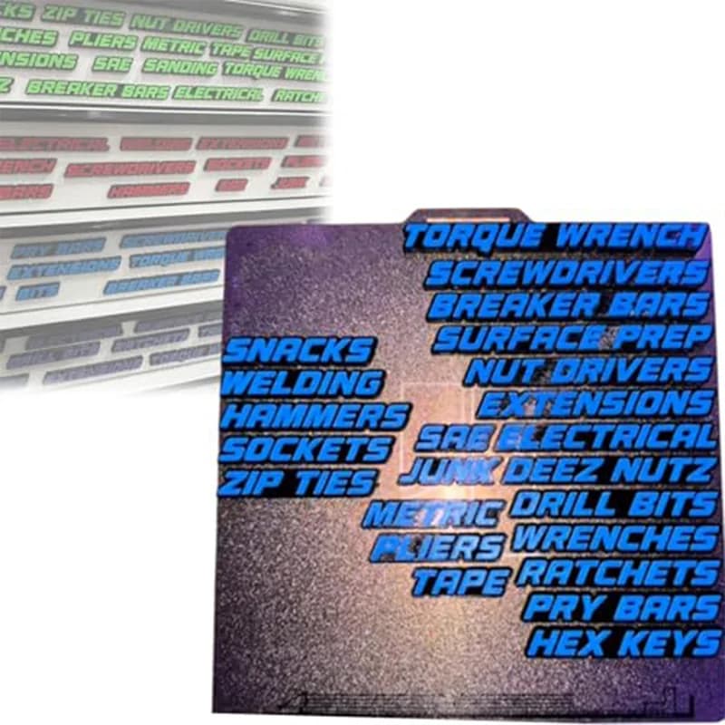 Mini etichette per cassetti riutilizzabili per cassette degli attrezzi Etichette per organizzazione di cassetti magnetici 3D Adesivi per badge Cassetta degli attrezzi in acciaio con stampa facile da leggere