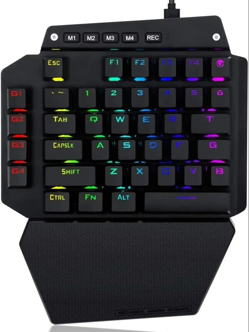 HUO JI One Handed Mechanical Gaming Keyboard Wired,RGB Led Backlit, Detachable Wrist Rest, Detachable Type C Cable, Metal Panel,