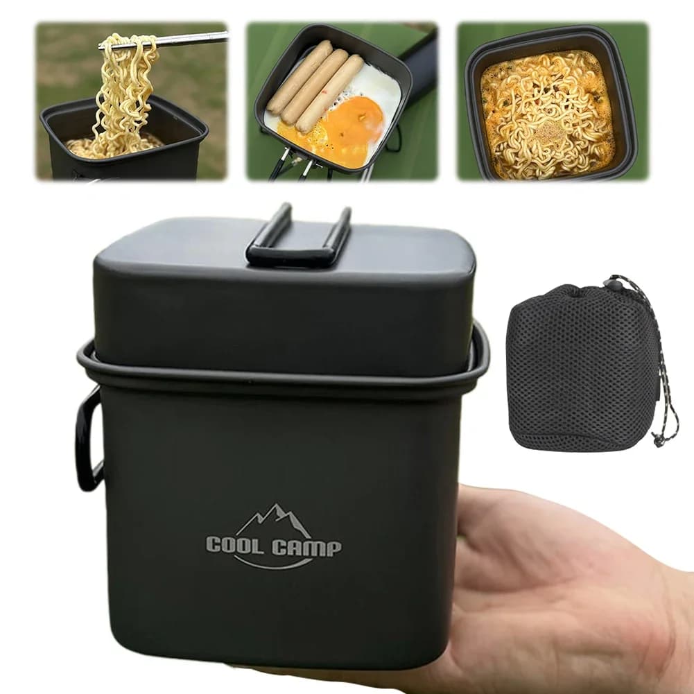 2 in 1 Folding Frying Pan Cooking Pot Aluminum Alloy Camping Cookware Set Barbecue Square Pot Pan for Hiking Fishing Riding