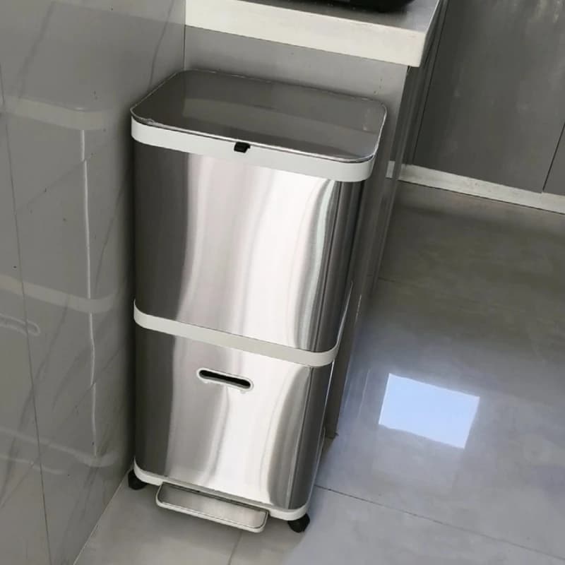 Stainless Steel 2 Layer Trash Can Kitchen Foot Pedal Garbage Bin No Bend Waste Sorter for Recycling Large Capacity Recycle Bin