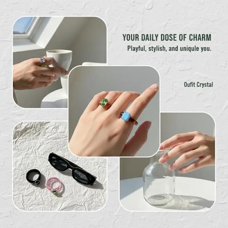 Fashion Simple Inlaid Colorful Zircon Resin Ring Women Sweet Cute Birthday Party Commemorative Jewelry Gift