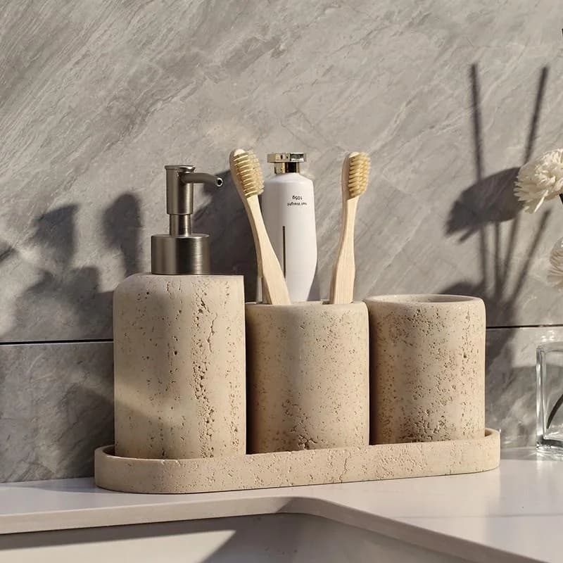 Limestone Toothbrush Holder with Light Yellow Holes, Soap Dispenser, Bathroom Tray, Natural Marble, Home Decoration Accessories