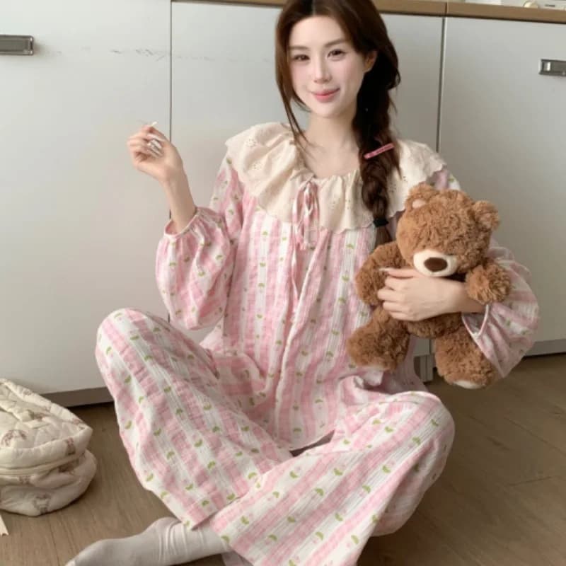 New Spring Autumn Plaid Floral Long-Sleeve Pajamas Women Woman Collared Homewear Set Soft Breathable Loungewear Girl Lady Casual