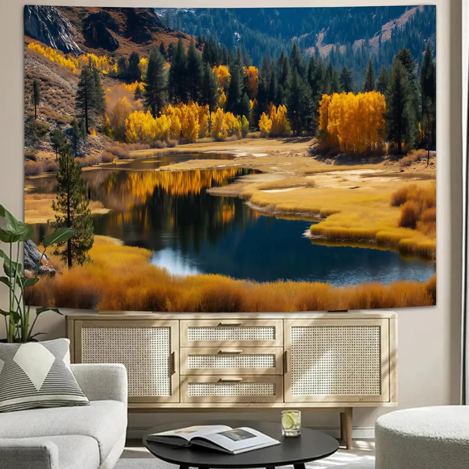 Autumn Mountain Lake Tapestry, Golden Fall Forest Landscape Wall Hanging, Scenic Nature Art Decor for Bedroom, Living Room, Dorm