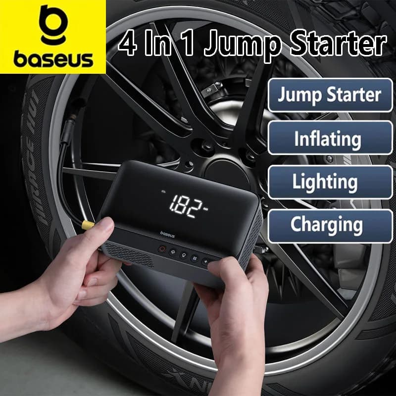 Baseus 4 in 1 avviamento per auto con illuminazione a LED 600A caricabatteria per auto portatile power bank pompa di gonfiaggio pneumatici compressore d'aria