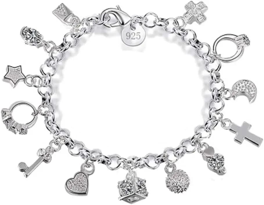 Bracciale Aeora S925 in argento con tredici pendenti per donna, idea regalo, bracciali e braccialetti, gioielli