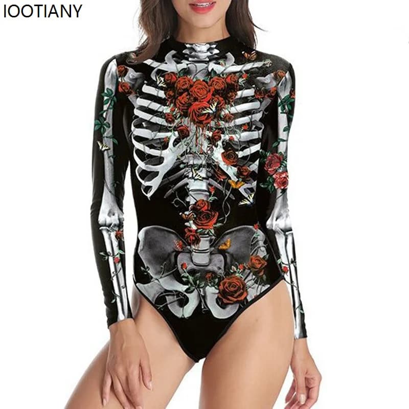 Nuove donne tuta sexy Halloween Horror scheletro costume da bagno cosplay punk stampa 3D costumi da bagno a maniche lunghe festa di carnevale set al mare