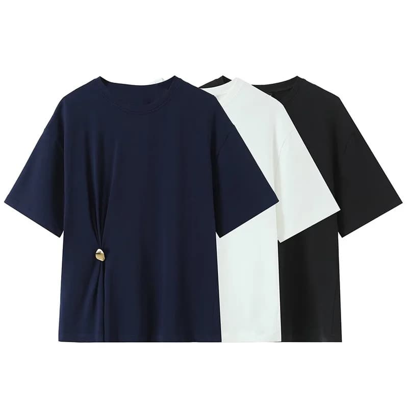 T-shirt da donna estivo 2026 nuovo stile tinta unita a maniche corte girocollo con decorazioni a pieghe casual alla moda semplice