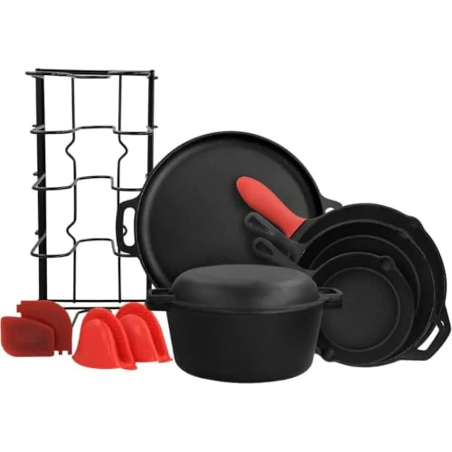 Set of 12-piece cast iron pots – Preseasonal pans, Dutch oven, silicone grips and organizer racks – Non-stick, oven safe