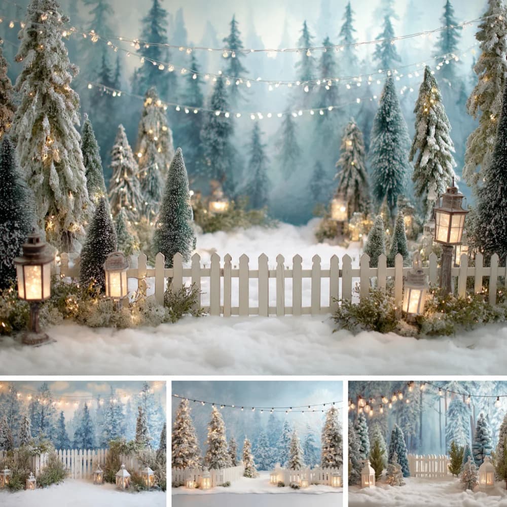 Winter Snow Pine Forest Backdrop White Fence Lantern Fairy Lights Xmas Scene Photo Background Cloth Studio Shooting Decor Prop