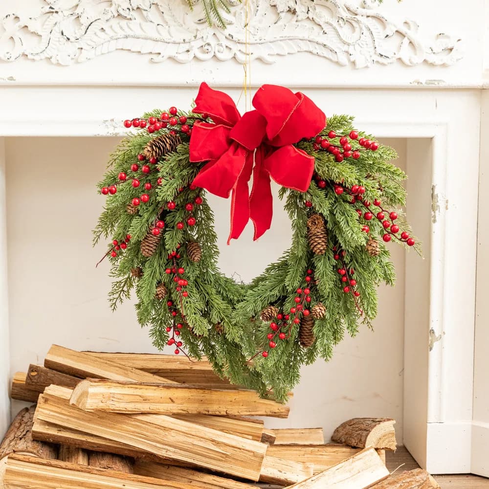 Artificial red fruit simulation garland with Christmas bow for home interior and exterior decoration, plant garden decoration