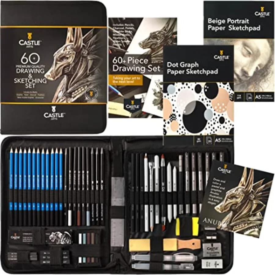 60 Piece Drawing and Sketching Set Quality Graphite, Charcoal, Pastel, Water Soluble Pencils + Sticks, Fineliners for Professio