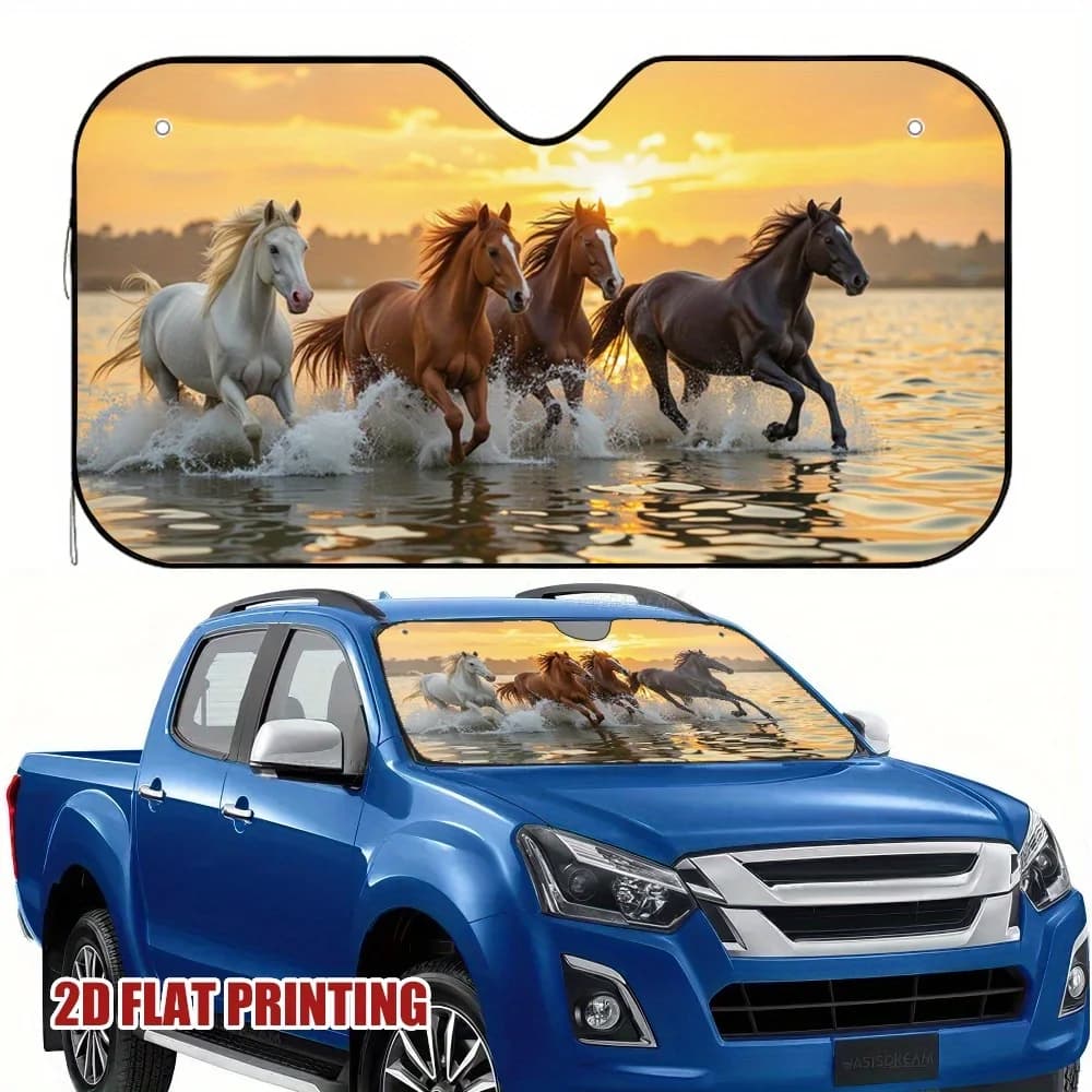 Scena da corsa di cavalli con parasole per parabrezza al tramonto per veicoli Accessorio di raffreddamento per parabrezza anteriore Accessorio di raffreddamento per veicoli
