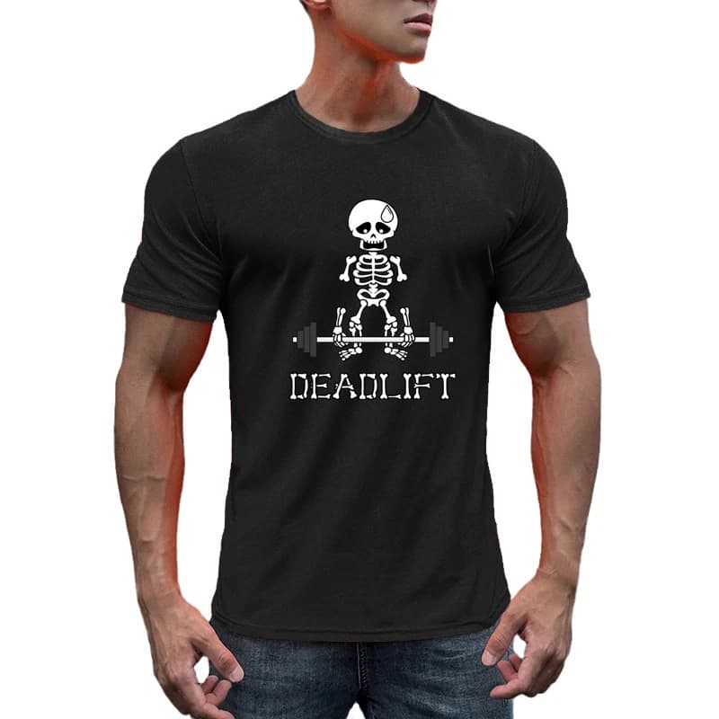 T-shirt da palestra da uomo con stampa scheletro umano, per sollevamento pesi, estiva, in rete traspirante, ad asciugatura rapida, a maniche corte, per bodybuilding e fitness