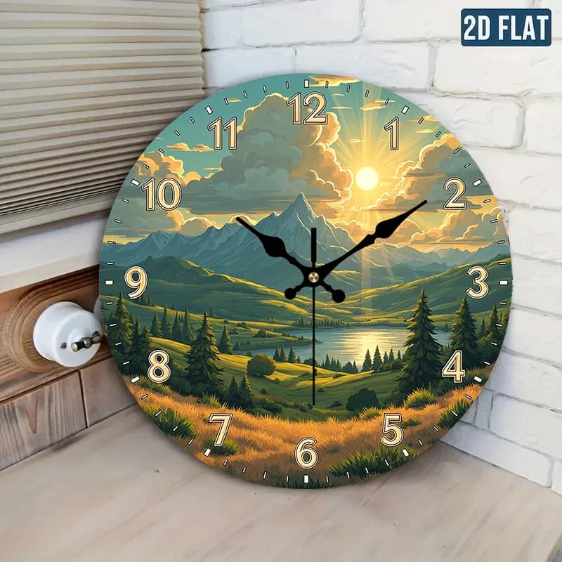 2D Flat. 1pc. Landscape Lake View Themed Wall Clock - Silent Decorative Clock, Creative Wall Clock, Suitable for Bedroom, Living Room, Office Decoration, 20.32/25.4/30.48/35.56 cm, AA Batteries Not Included, 2D Flat