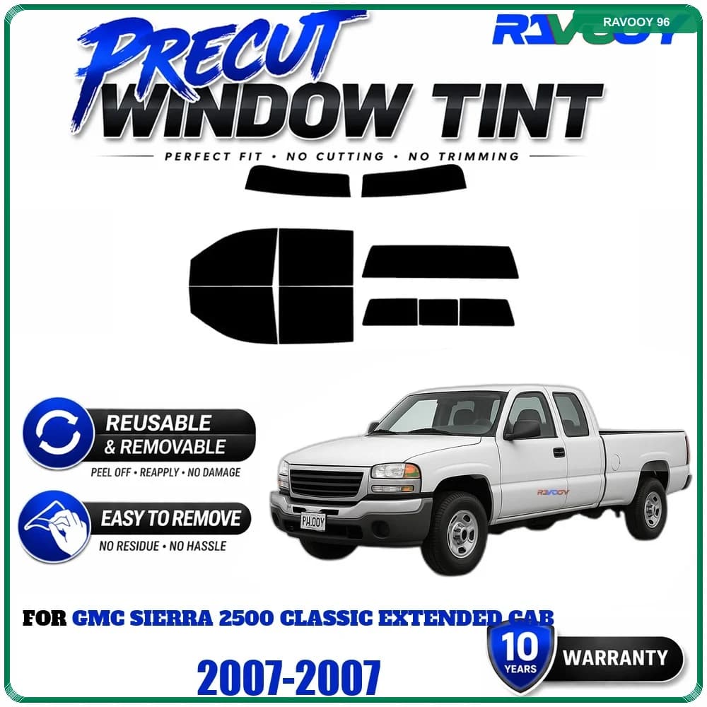 Precut Window Tint, Reusable Removable EPU Film, Custom Fit for Gmc Sierra 2500 Classic Extended Cab 2007, UV Heat Protection