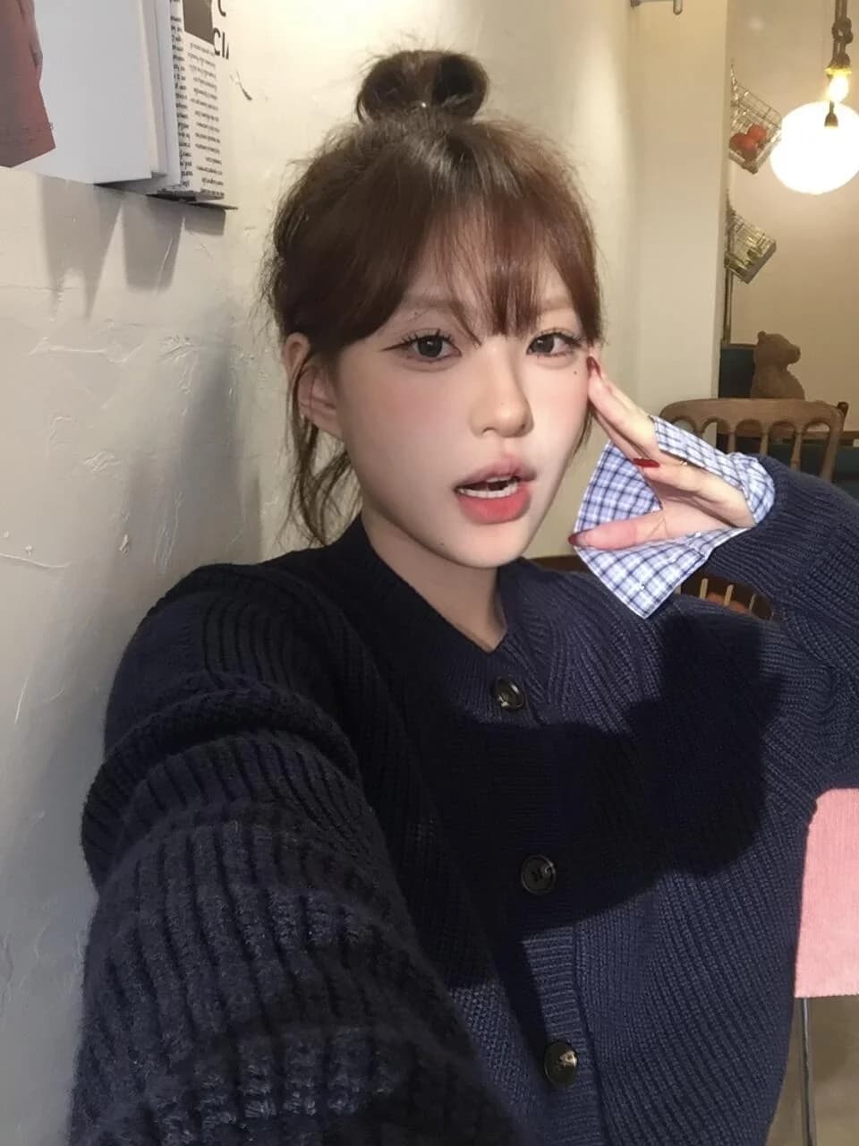 Korean Style Short Knitted Cardigan Fake Two-Piece Shirt Splice Knitwear Women's Sweater Jacket Dark Blue Top Commute Wind