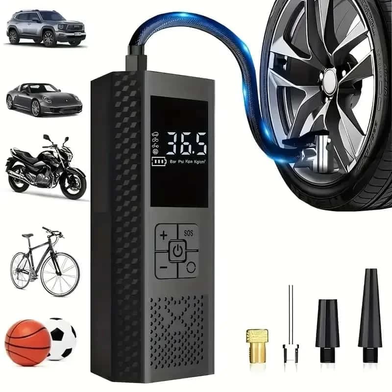 Portable 150 PSI Air Pump with Digital Gauge LED Light USB Rechargeable Wireless for Cars Bikes Balloons