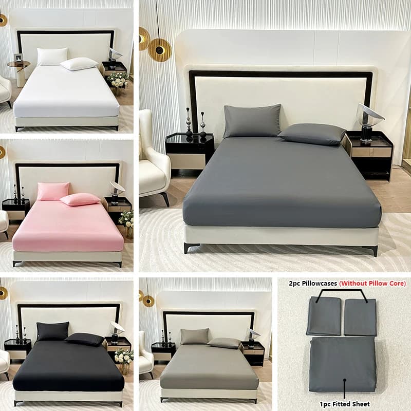 Set di 3 lenzuola con angoli in tinta unita di tre pezzi, 1 lenzuolo con angoli + 2 federe, federe senza tessuto interno, Comforta