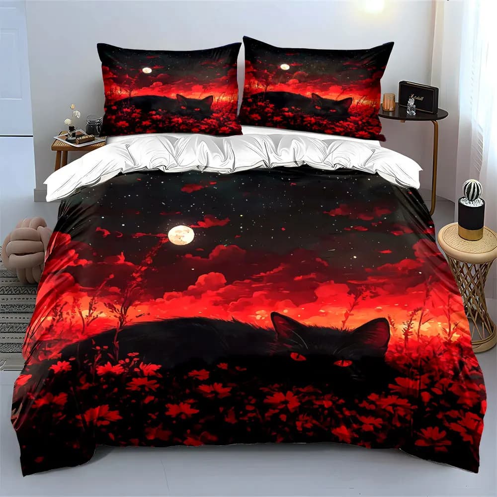Set di biancheria da letto con copripiumino morbido e confortevole, decorazione artistica con gatti misteriosi, include 1 copripiumino e 2 federe, regalo