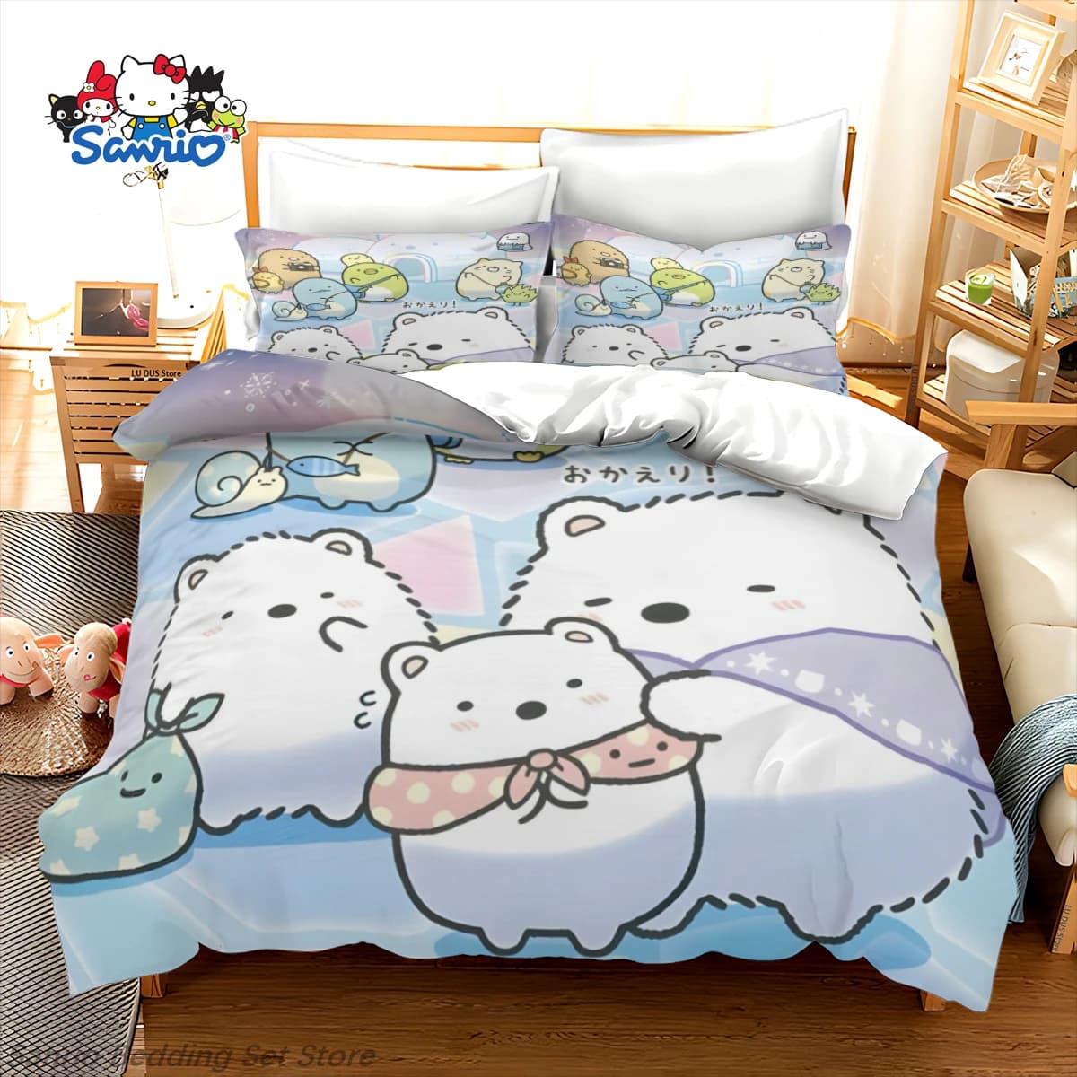 Set di biancheria da letto Sanrio Sumikko Gurashi, copripiumino kawaii anime con federe, graziosa coperta trapuntata a cartoni animati per decorare la camera da letto, idea regalo