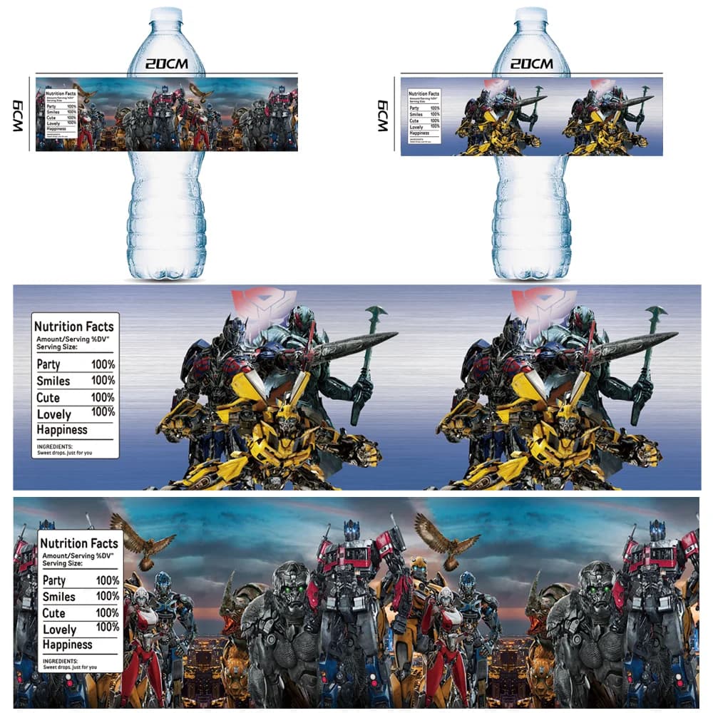 Transformation of cartoons Water bottle wrappers Labels Baptism Baby Shower Robot Birthday party decorations Supplies