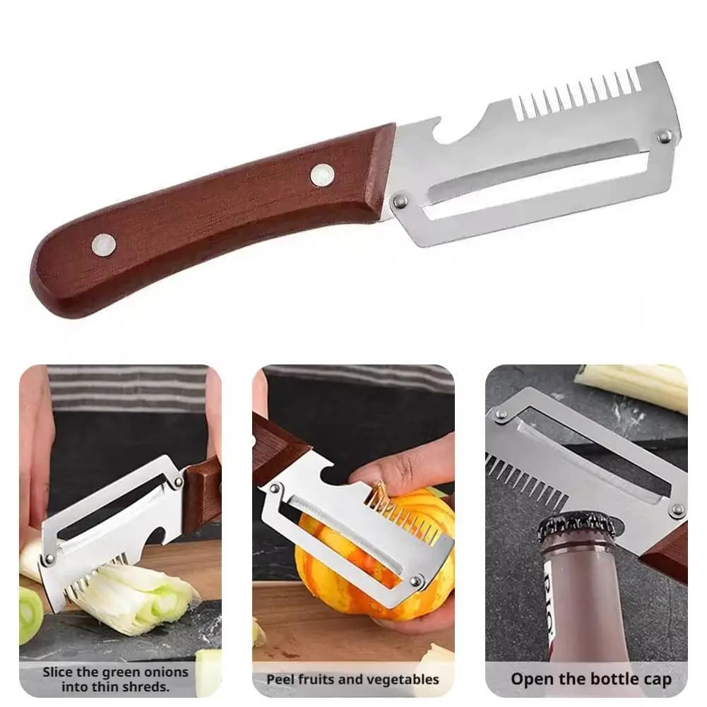 Coltello pelapatate seghettato 2 in 1, pelapatate premium con manico in legno e apribottiglie, utensile da cucina