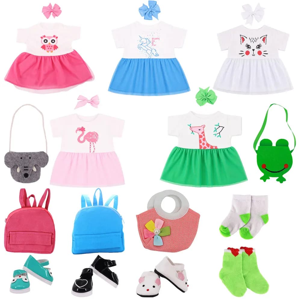 Doll Clothes Set Animal Print Dresses Hair Bows Bags Backpacks Shoes Socks For 43cm Doll Our Generation Doll Girl's Gift