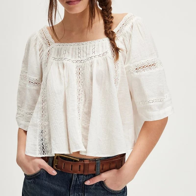 Top da donna con papillon sul retro Top peplo Camicetta contadina a maniche corte velata e fluida Camicia top babydoll con occhielli in pizzo