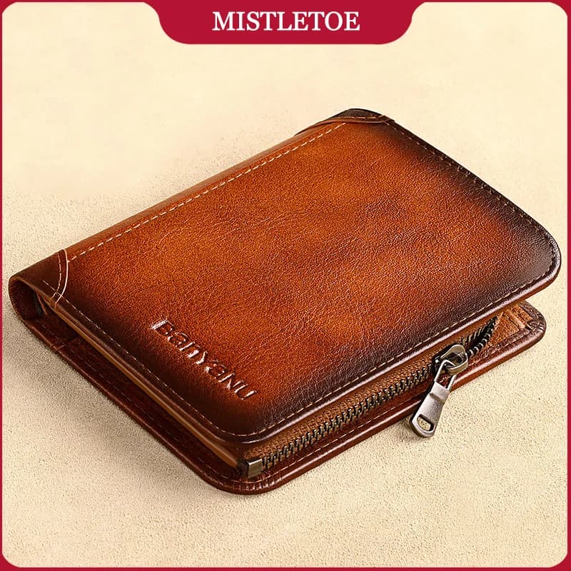 Portafoglio da uomo in vera pelle di vacchetta piccola moda vintage Portafoglio da viaggio con cerniera anti RFID per regali da uomo