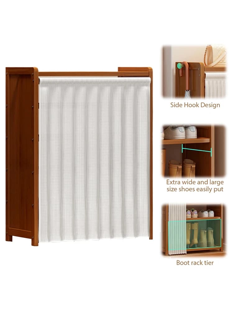 Organizer for Armadio a 6 Ripiani con Tenda in Garza Bianca, Scaffali Multi livello in Legno per Scarpe, per Entrance, Corridor, Bedroom, Wardrobe, Living Room