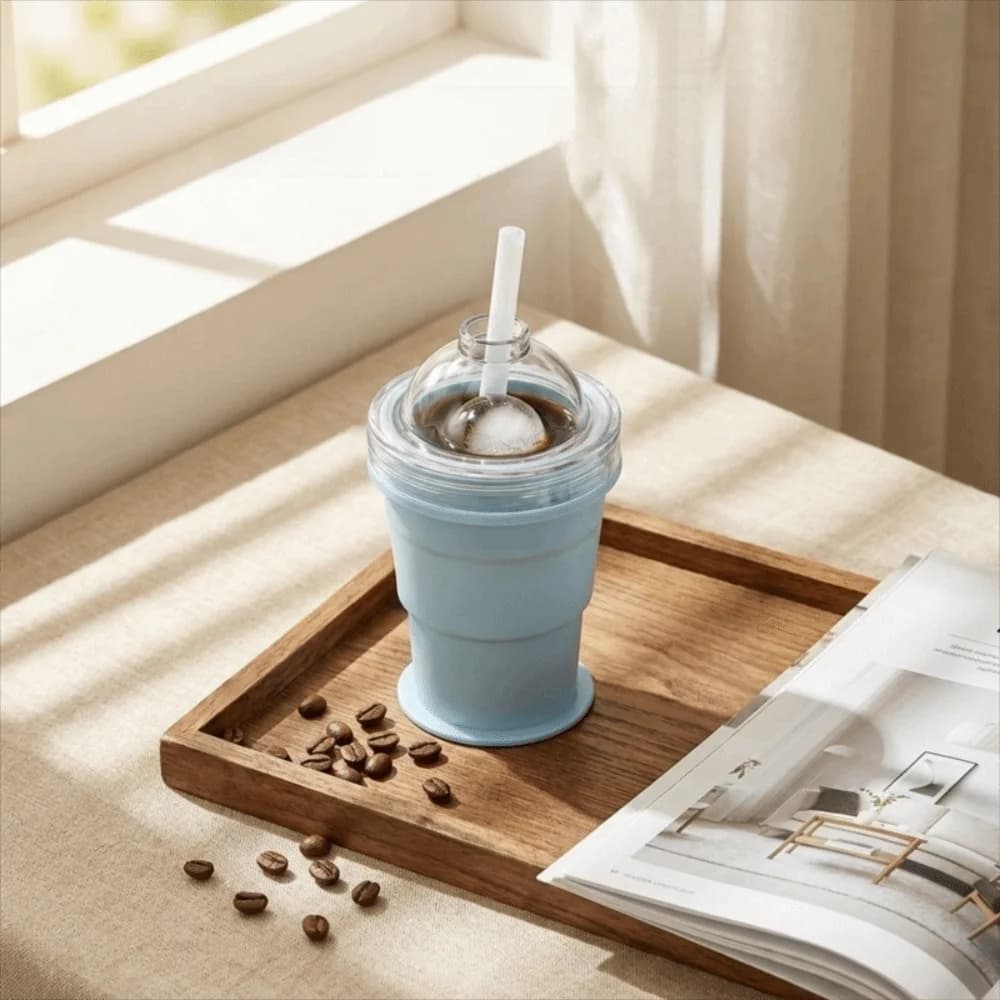 Stampo per ghiaccio pieghevole a prova di perdite, facile da sformare, portatile, per cubetti di ghiaccio, bottiglia d'acqua, per uso alimentare, con cannuccia, tazza refrigerante per casa
