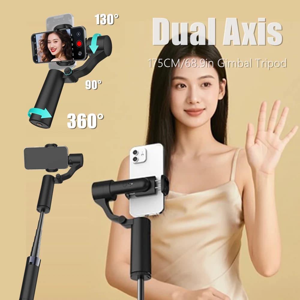 Treppiede per Telefono con Gimbal a 2 Assi e Asta di Prolunga 69in/175cm, Telecomando per Scatti Remoti, Selfie Stick per iPhone Samsung