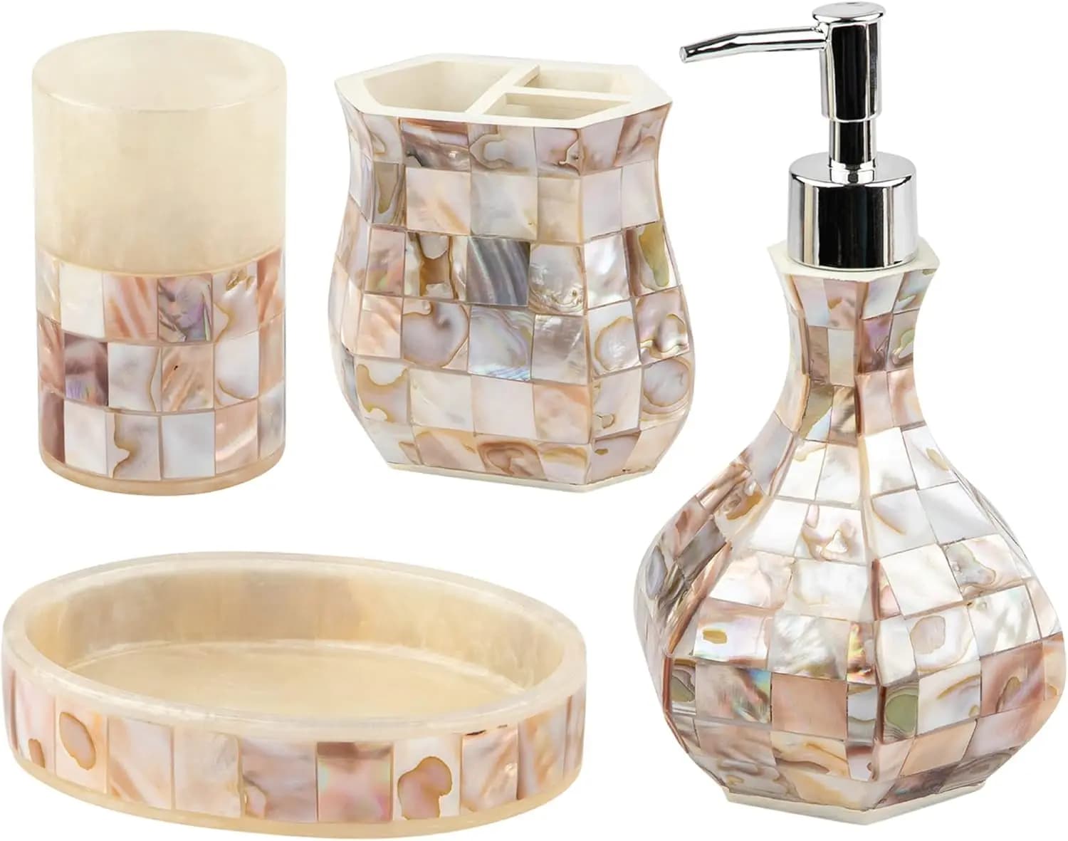 Set da Bagno 4 Pezzi con Conchiglie Naturali in Madreperla - Dispenser Sapone, Porta Spazzolini, Bicchiere, Porta Sapone
