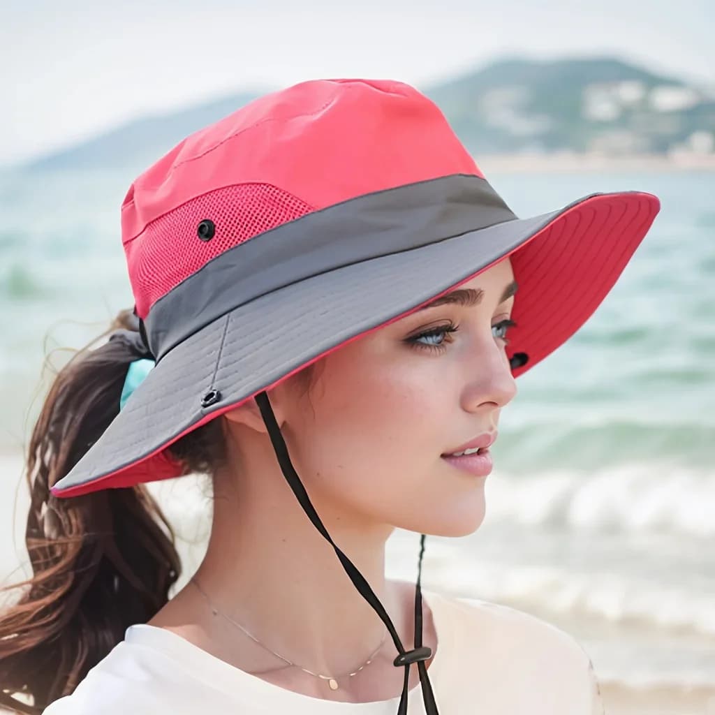 Cappello da Sole Bicolore da Donna con Foro per Coda di Cavallo - Rete Traspirante Impermeabile a Tesa Larga per Spiaggia e Pesca, Ideale per Primavera ed Estate