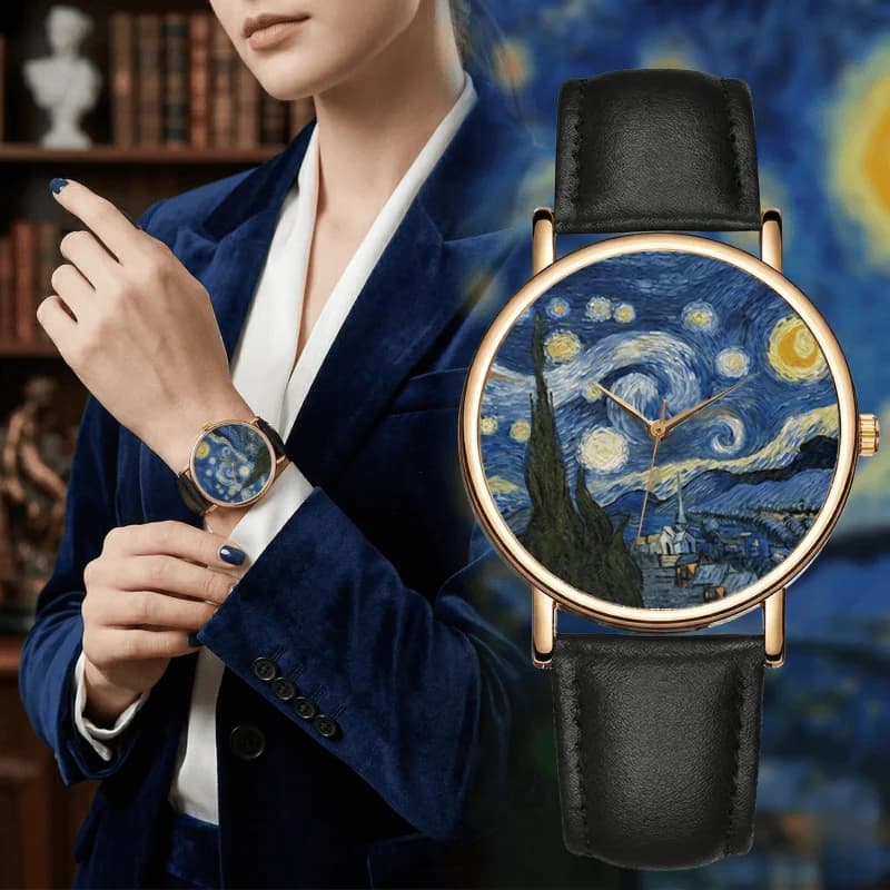 Orologi con Quadrante Ispirato a Van Gogh per Donne e Uomini, Cassa in Metallo, Cinturino in Pelle, Orologi al Quarzo, L'Notte Stellata, Regalo per Donna