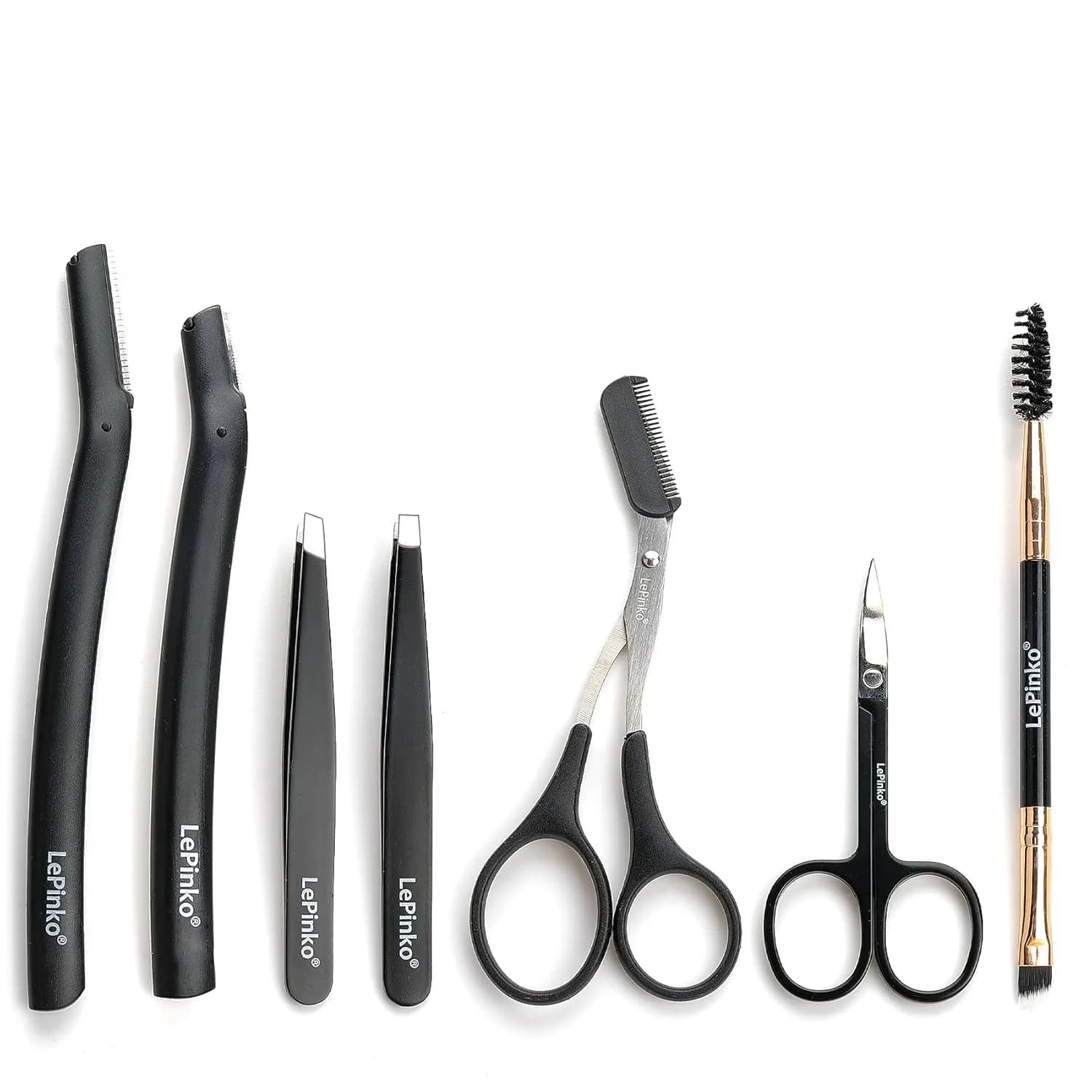 Kit per la cura delle sopracciglia, forbici, pinzette, rasoio e pennello 7 in 1 per donne e uomini - Nero