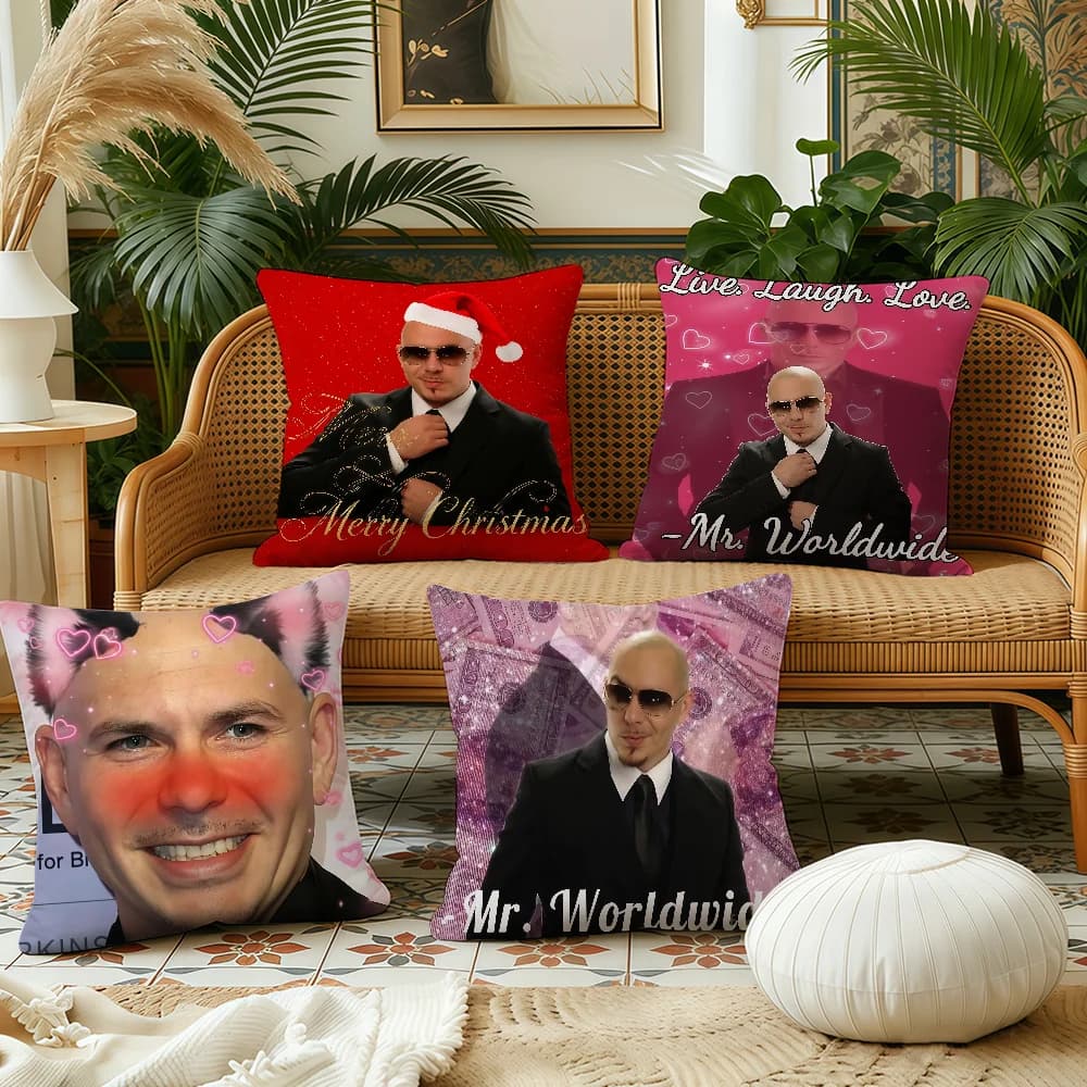 Mr Worldwide Pitbull Live Christmas cushion cover Plush Fabric Soft Double Sided Print Sofa Cushion Cover Throw Pillow Covers