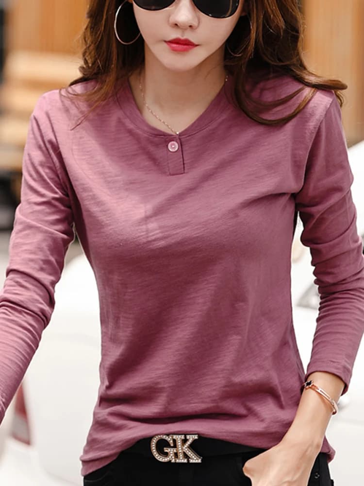 T-shirt Donna Primavera 2026 a Maniche Lunghe in Cotone Slub Verde con Bottoni e Scollo a V, Tinta Unita, Stile Coreano Morbido e Comodo