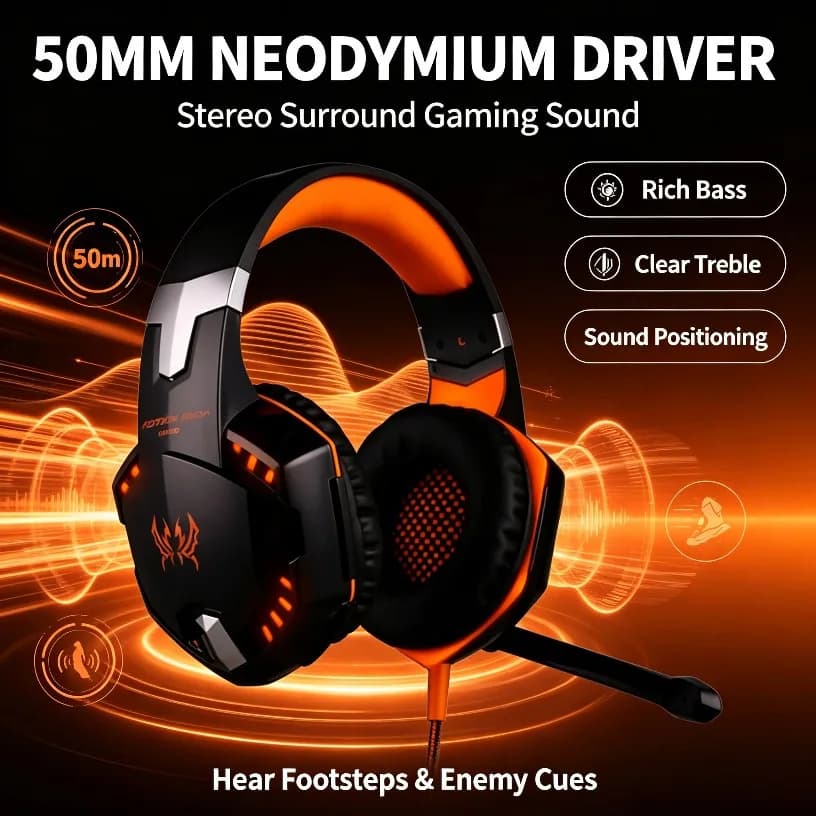 Wired Gaming Headset 50mm Stereo Over Ear Headphones LED Mic Noise Canceling for PC Laptop Computer Gamer Black