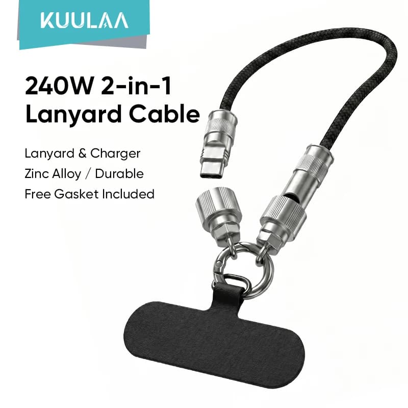 KUULAA 2 in 1 240W USB-C to Type-C Lanyard Data Cable PD Fast Charging For iPhone 17 16 15 Samsung Huawei Laptops Anti-lost Rop