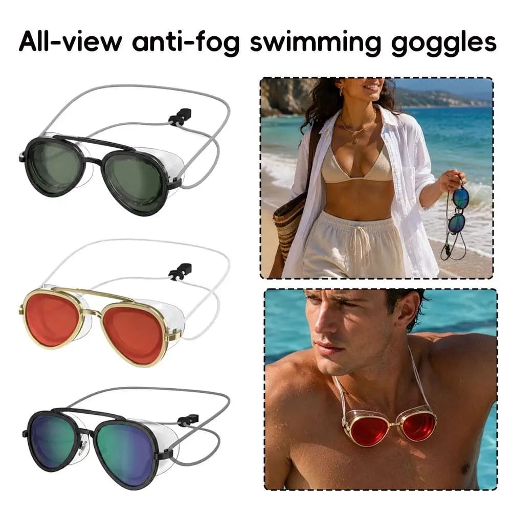 All-View Anti-Fog Swimming Goggles Retro Pilot Frame Leakproof Silicone Seal Adjustable Elastic Strap Professional Swim Glasses