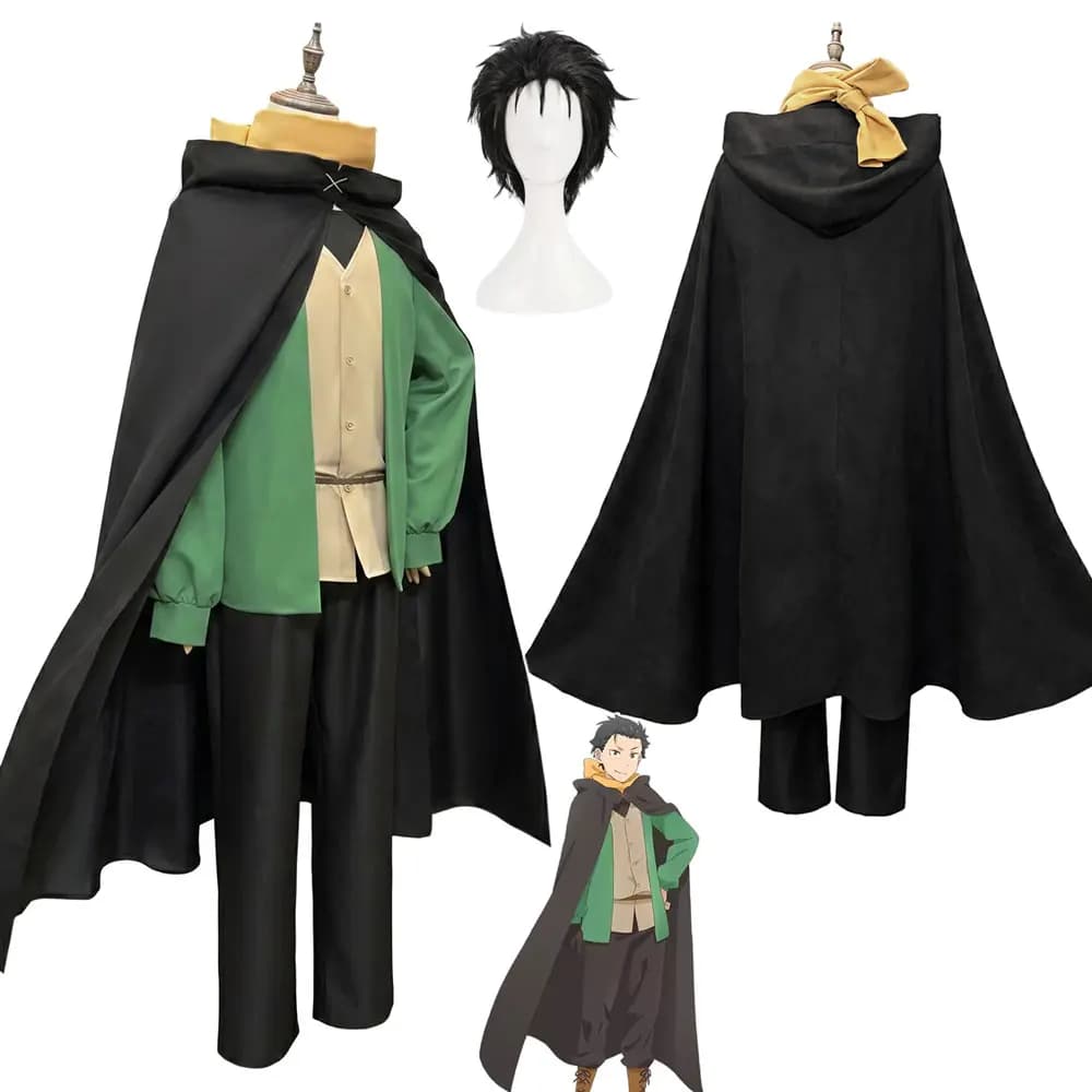 Re:Life in A Different World From Zero Anime Natsuki Subaru Cosplay Costume Cloak Vest T-shirt Pants Scarf Wig Halloween Suit