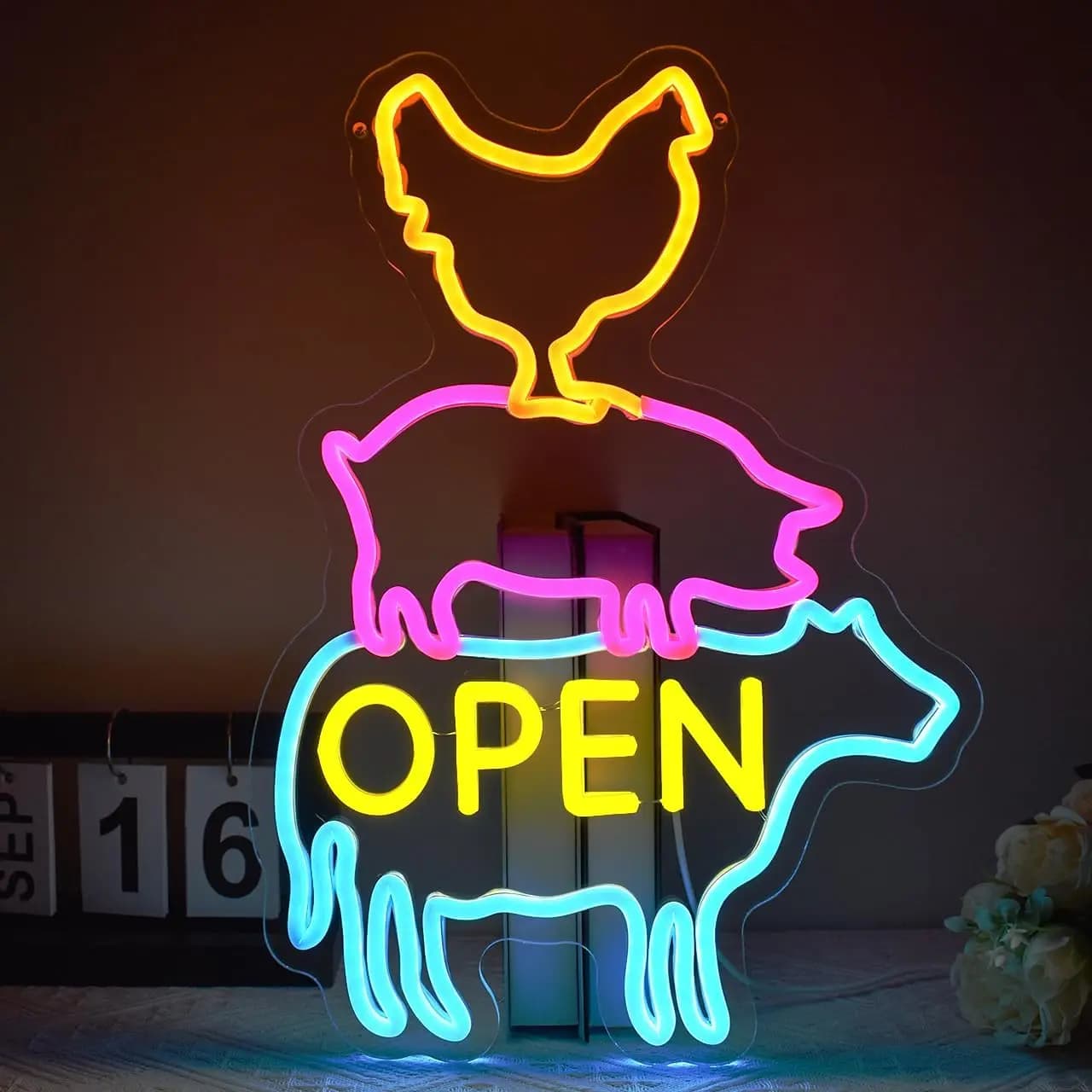 Farm Open Neon Sign Chicken Pig Cow LED Neon Light for Coop Supermarket Animal Meat Ket Fast Food Farmhouse Butcher Shop Decor