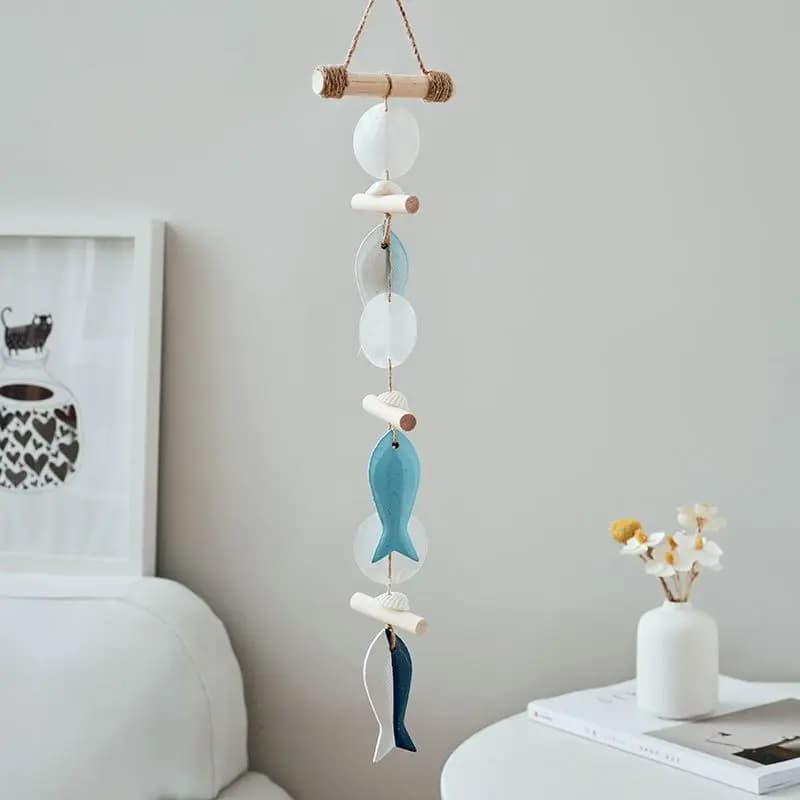 Home Living Room Wall Decorations Fish String Shell Pendant Wooden Hemp Rope Handmade Wind Chime Nordic Wall Home Decor LI751