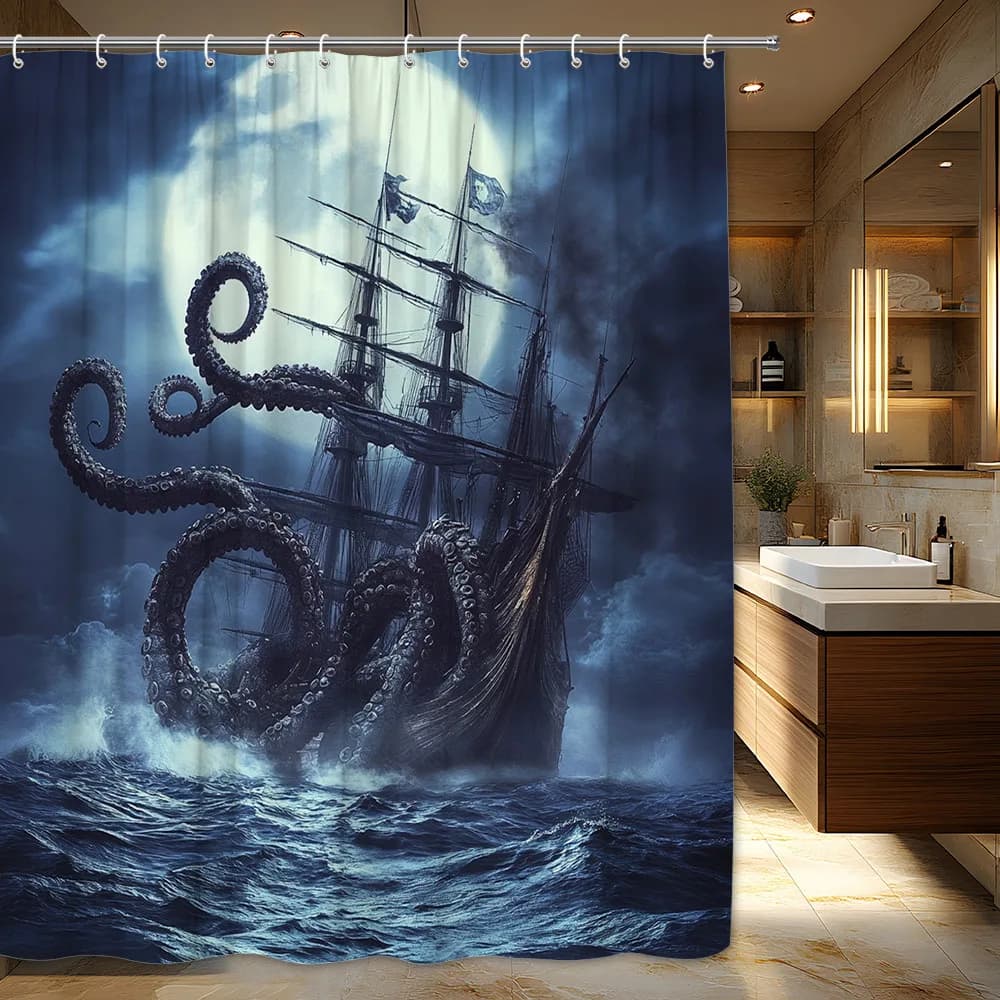 Dramatic Pirate Kraken Ship Shower Curtain Nautical Ocean Decor Bathroom Liner Fantasy Octopus Sea Creature Gothic Waterproof Ar