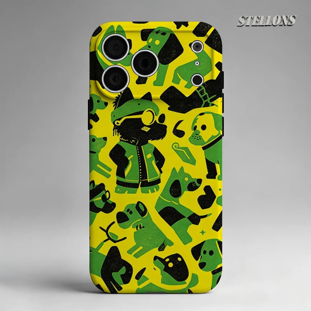 Custodia per telefono giallo-verde con design cane, compatibile con iPhone 17 16 15 14 13 Pro Max Plus, custodia magnetica robusta a strato singolo/doppio