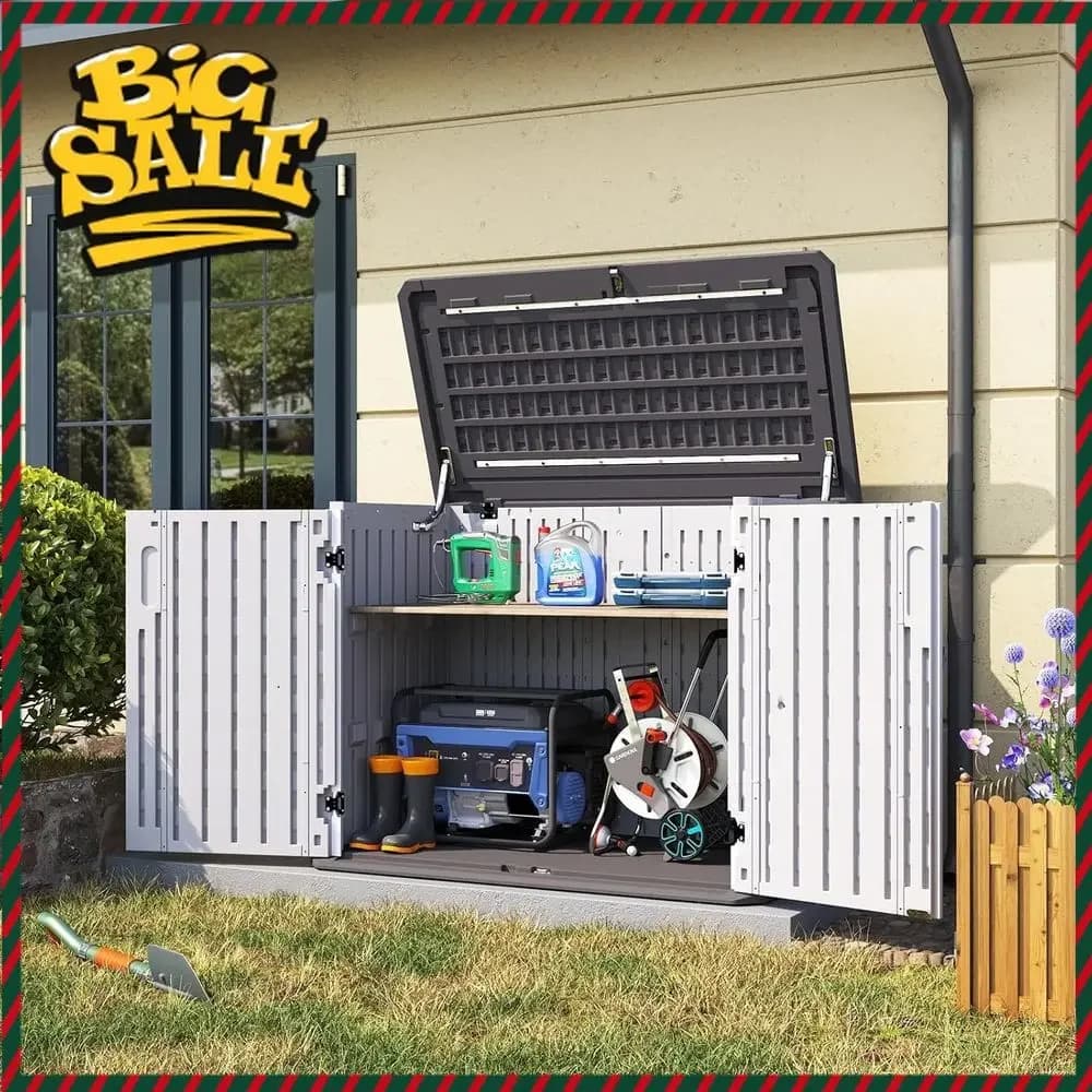 BestsellerWeatherproof Horizontal Outdoor Storage Shed for Trash Cans, Generators, and Lawn Mowers in White