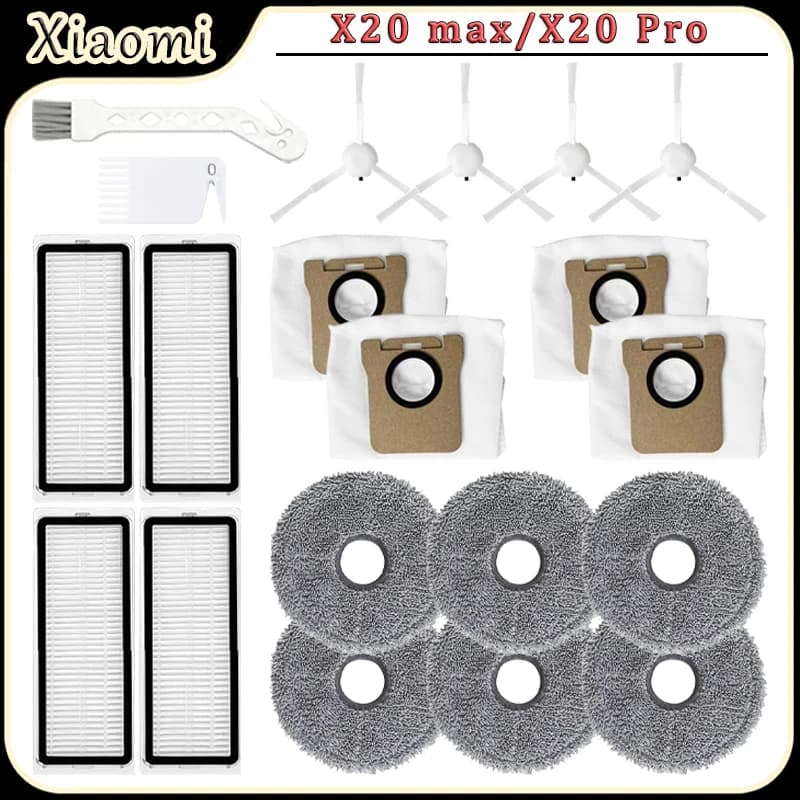 Kit di ricambio per accessori aspirapolvere robot Xiaomi X20 max /X20 Pro, spazzola laterale, filtro HEPA, panno per la pulizia, sacchetti per la polvere, pezzi di ricambio